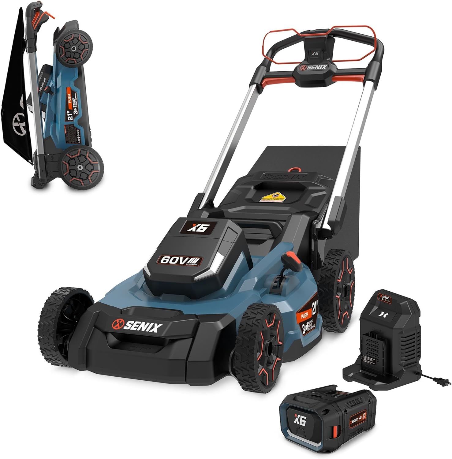 SENIX X6 60 Volt Max* 21-Inch 3-in-1 Cordless Push Lawn Mower, with Bagging, Mulching, and Side Discharge, Height Adjustment, Smart Display, 6Ah Lithium-ion Battery & Charger Included (LPPX6-H)