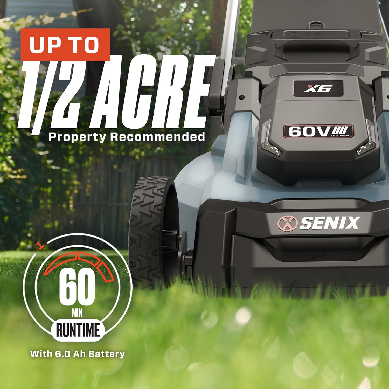 SENIX X6 60 Volt Max* 21-Inch 3-in-1 Cordless Push Lawn Mower, with Bagging, Mulching, and Side Discharge, Height Adjustment, Smart Display, 6Ah Lithium-ion Battery & Charger Included (LPPX6-H)